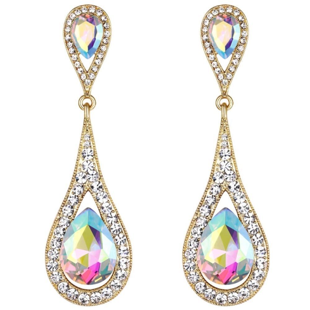 Yellow Gold with Iridescent and Diamond Austrian Crystal Dual Teardrop Earrings